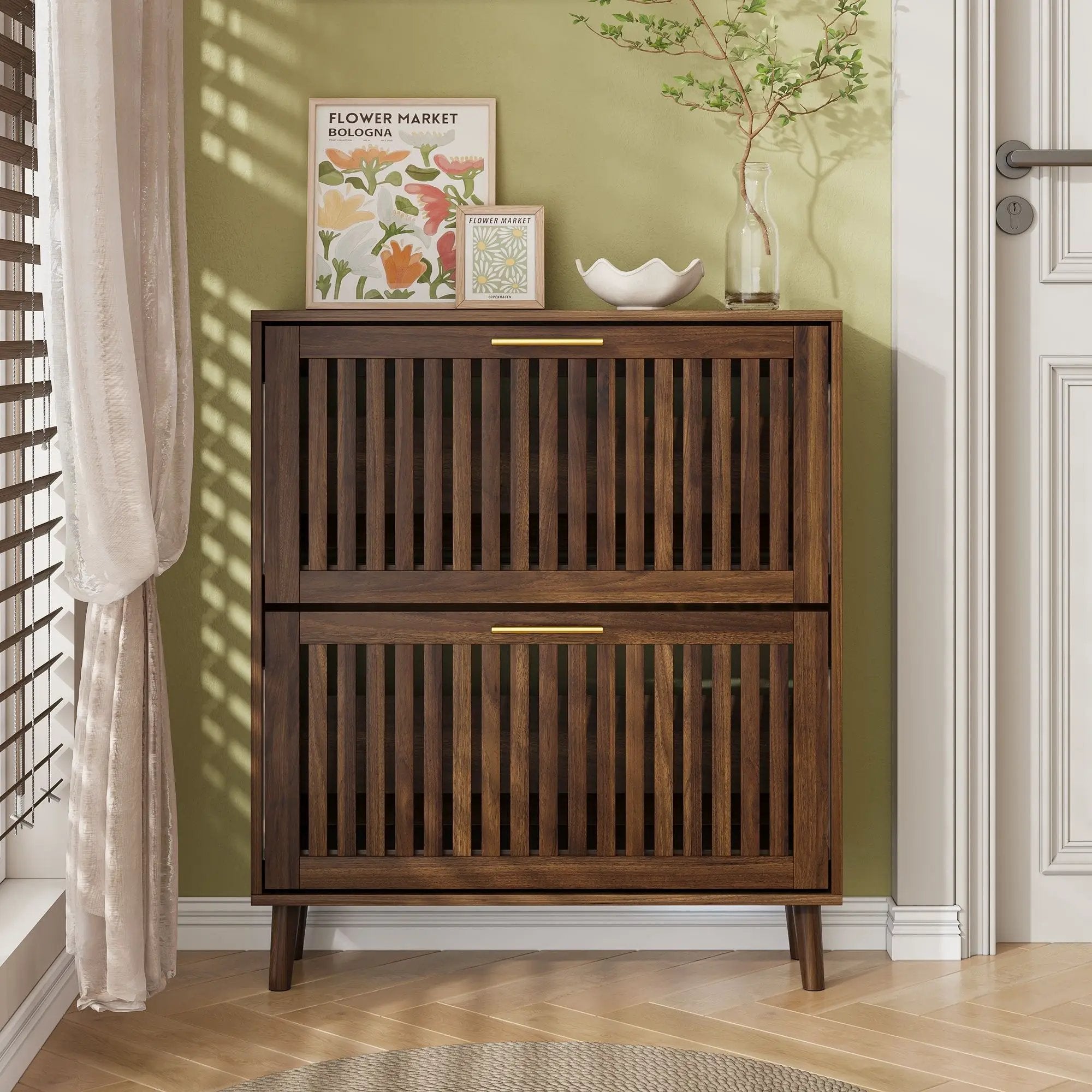 Medieval Modern Shoe Cabinet With 2 Flip Drawers And Fence Design by Unique Piece Furniture