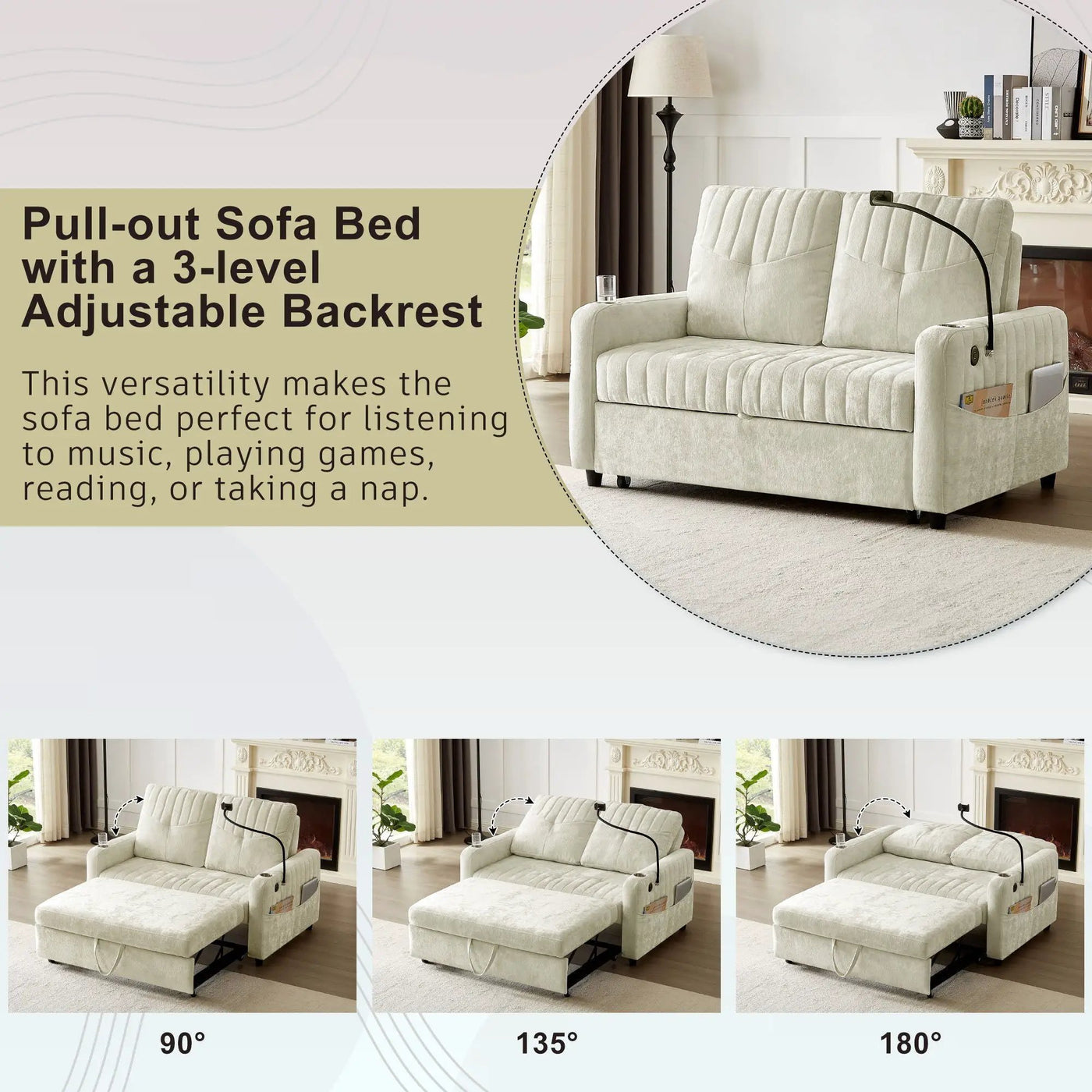 Modern Loveseat Pull Out Sofa Bed With Adjustable Backrest, Two Cup Holders, A Phone Holder, Three Charging Ports And Side Storage Pockets For Living Room by Unique Piece Furniture