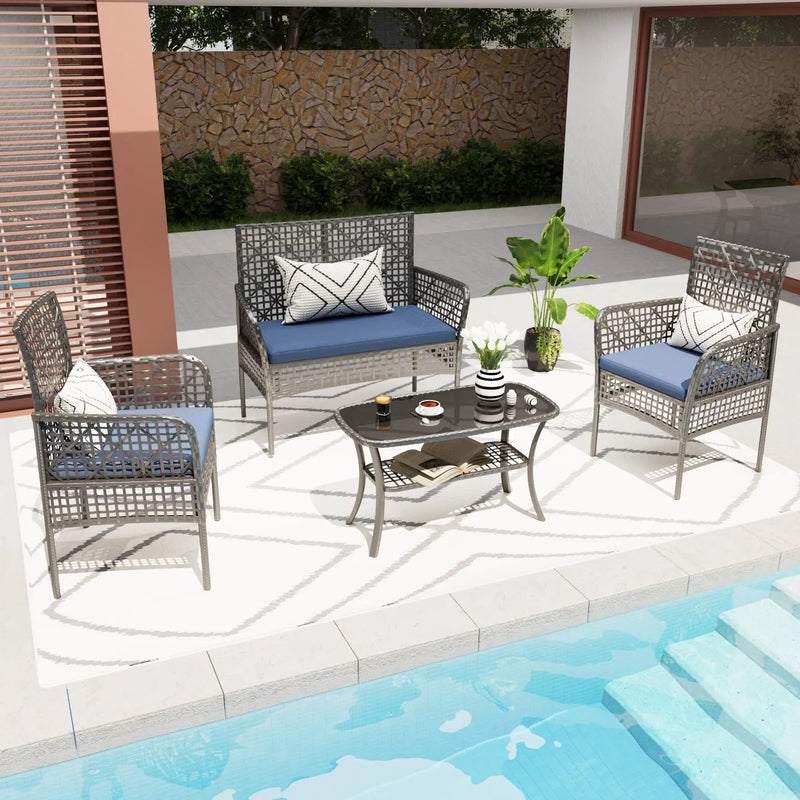 4 Pieces Rattan Wicker Chairs With Tempered Glass Table And Cushions by HouseOfZazla