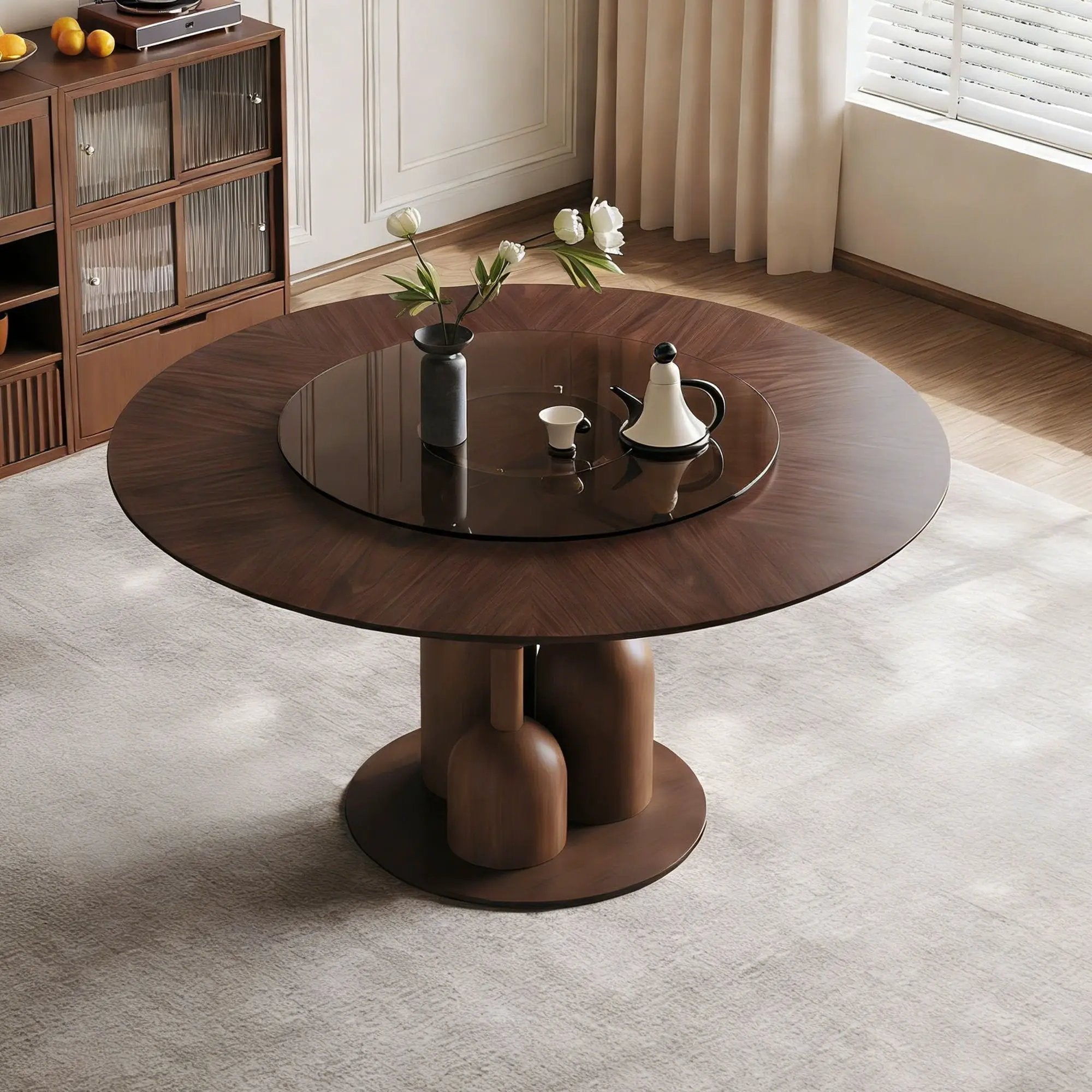 Round Dining Table With Lazy Susan For Living Room - Walnut by HouseOfZazla