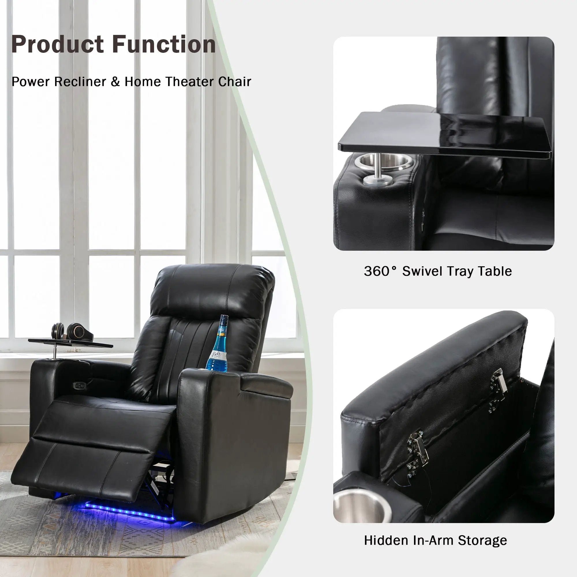 Premium Power Recliner & Storage Arms, Cupholders, Swivel Tray Table And Cell Phone Stand - Black by HouseOfZazla