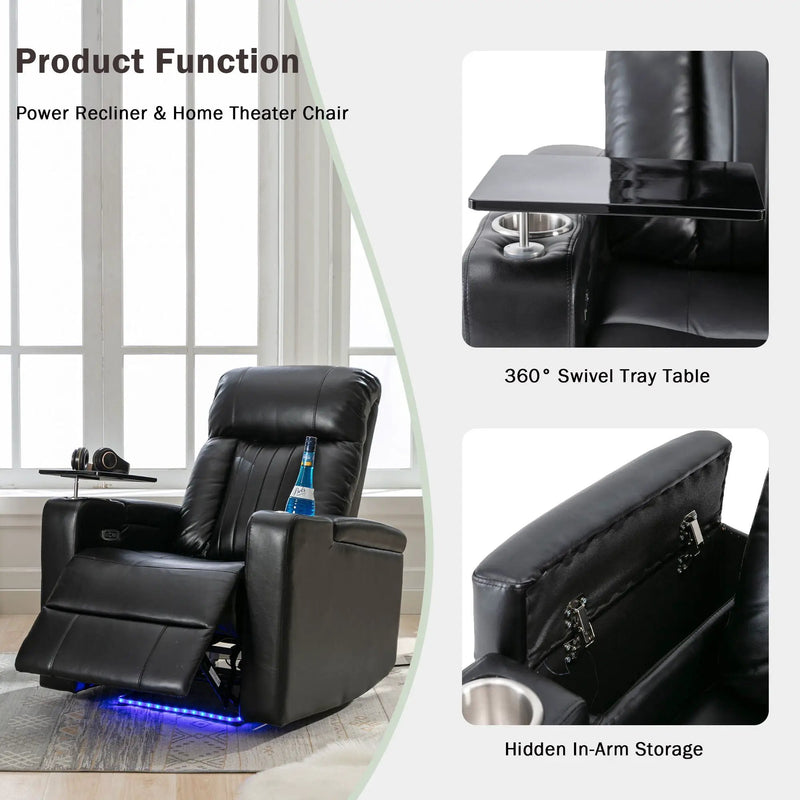 Premium Power Recliner & Storage Arms, Cupholders, Swivel Tray Table And Cell Phone Stand - Black by HouseOfZazla