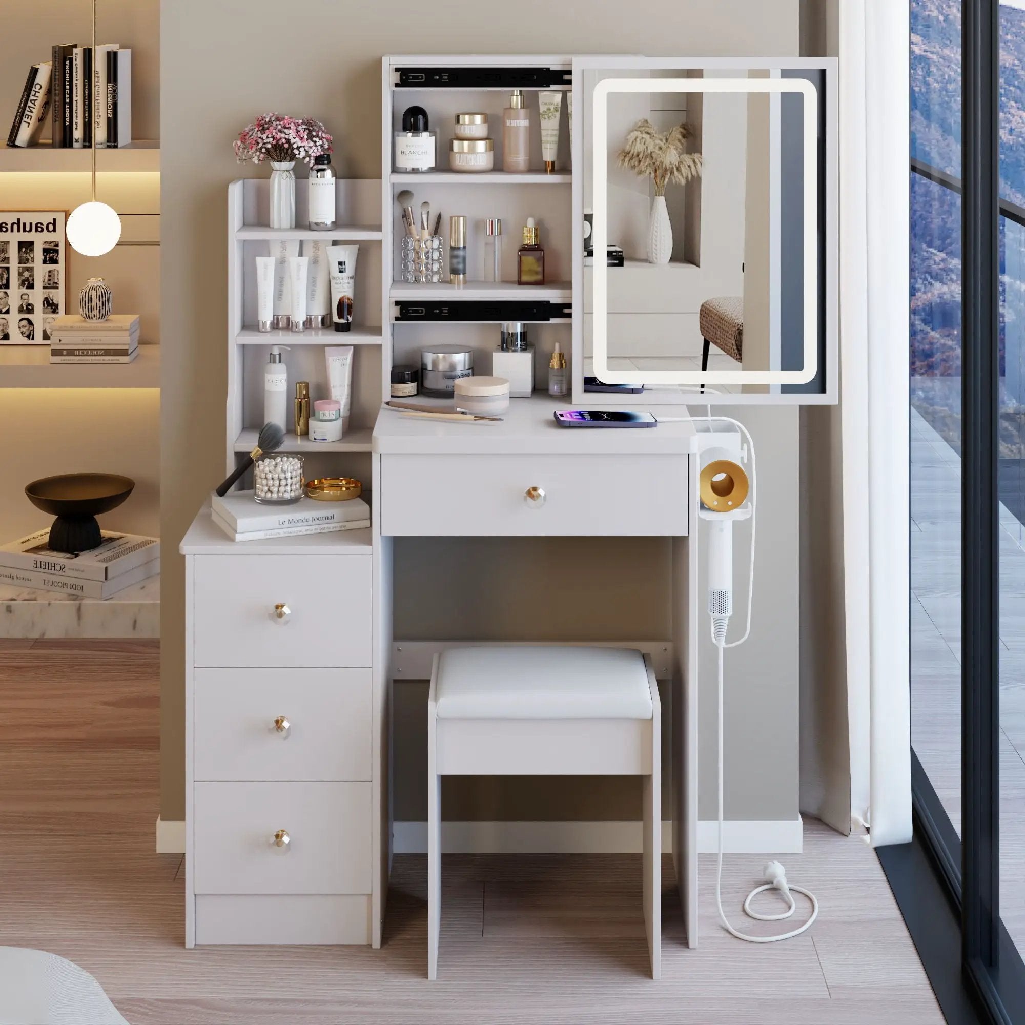 Cabinet Vanity Table & Cushioned Stool, USB Power Station, Hair Dryer Bracket - White by Unique Piece Furniture