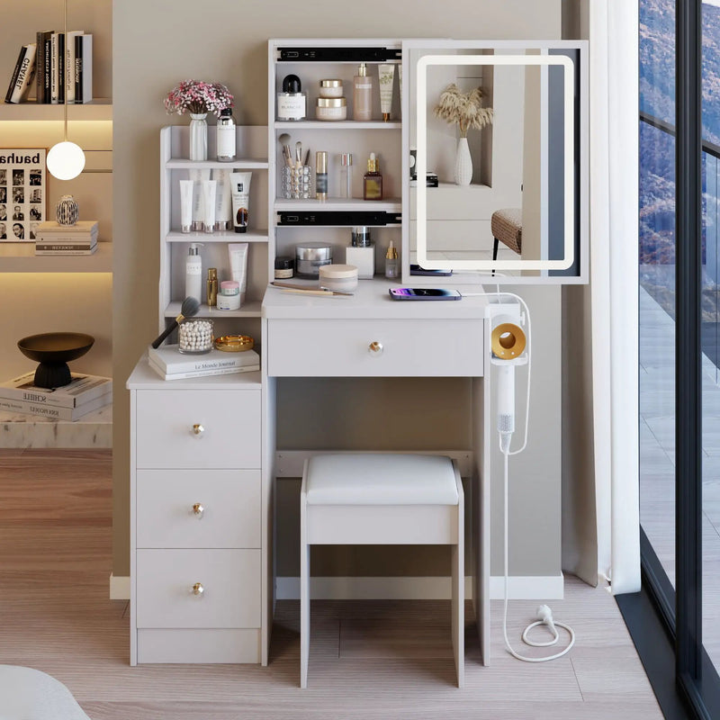 Cabinet Vanity Table & Cushioned Stool, USB Power Station, Hair Dryer Bracket - White by Unique Piece Furniture