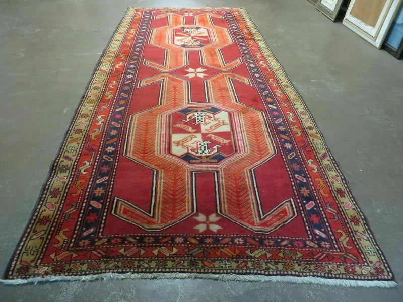 4' 10" X 11' Antique Handmade Turkish Kazak Wool Rug SHIELD Hand Knotted Red by Jewel Rugs