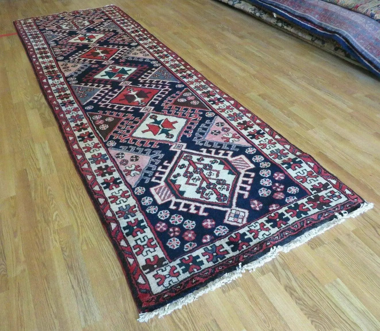 Persian Runner Rug 3.5 x 10.7, Karajeh Heriz Rug, Navy Blue, Geometric Medallions by Jewel Rugs