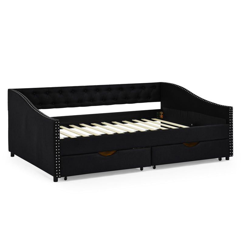 Upholstered Tufted Daybed With 2 Drawers, Waved Arms