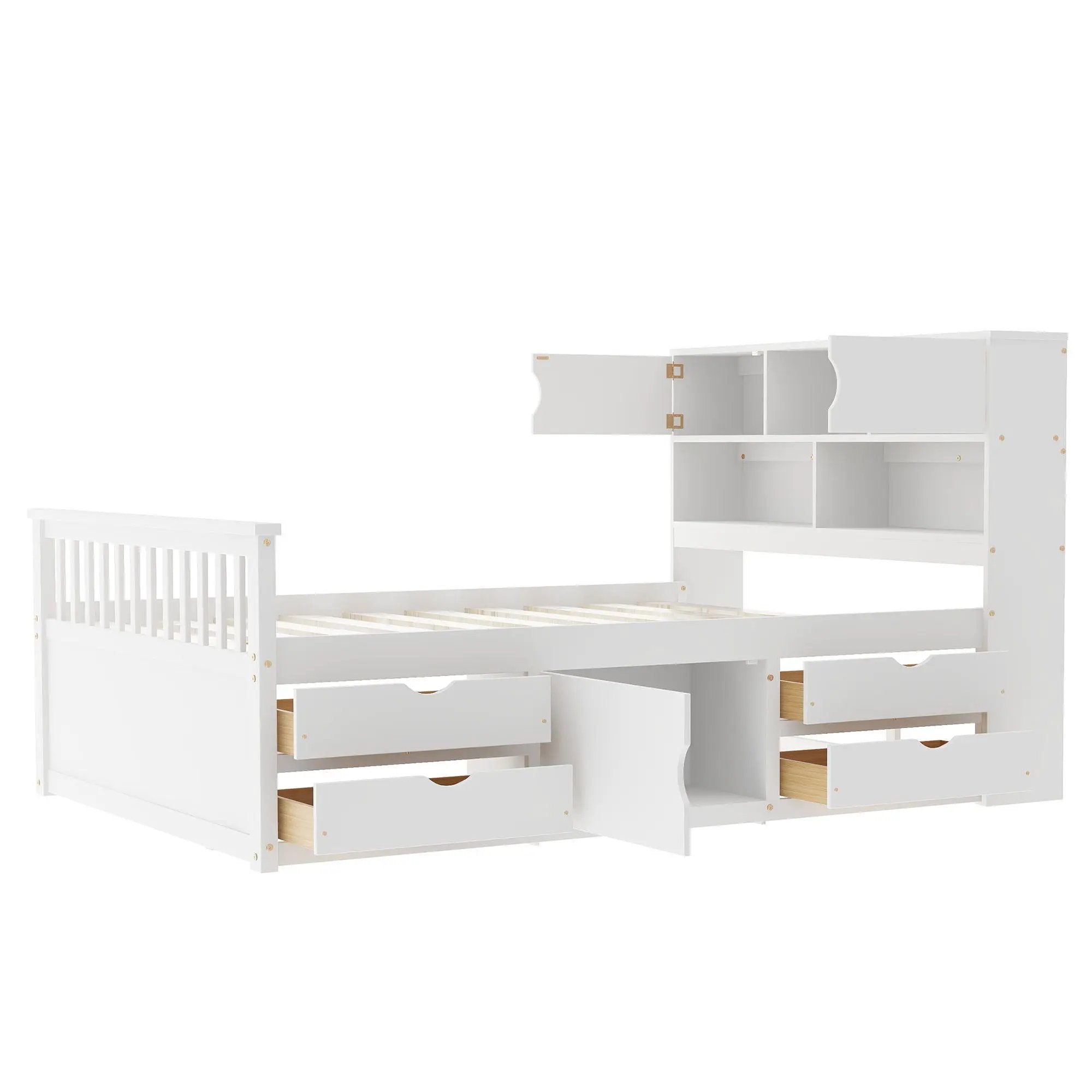 Captain Platform Bed Frame With Bookcase Headboard, 4 Drawers, Storage Shelves by HouseOfZazla