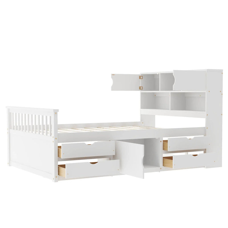 Captain Platform Bed Frame With Bookcase Headboard, 4 Drawers, Storage Shelves by HouseOfZazla