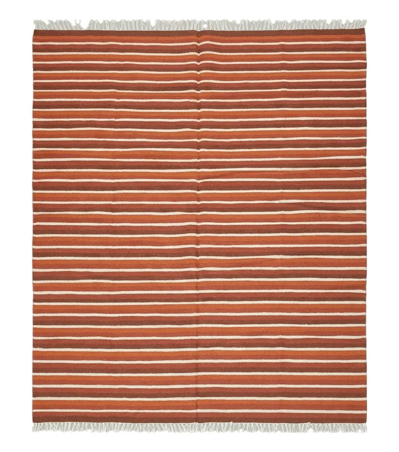 Large Striped Woolen Handmade Throw Blanket, Twin Size Bedding Hand-Woven, Indian Kilim Area Rug, 6x8 - 7x8, South American Style Textile by Jewel Rugs
