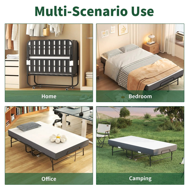 Twin Wide Folding Bed For Tall People, Extra Long & Wide Rollaway With Memory Foam, Heavy-Duty - Black by Unique Piece Furniture