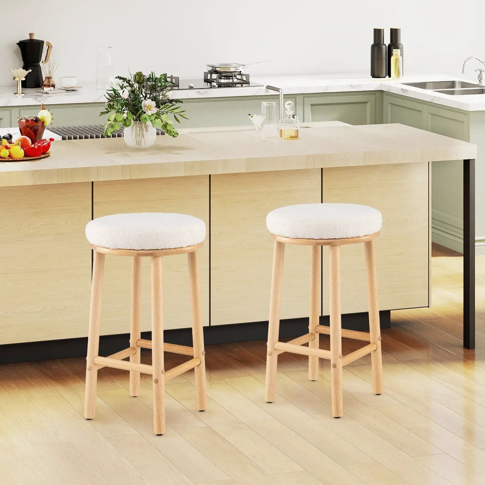 27" Bar Stools Set of 2 Upholstered Barstools with Boucle Fabric Seats-White by DirectDeals