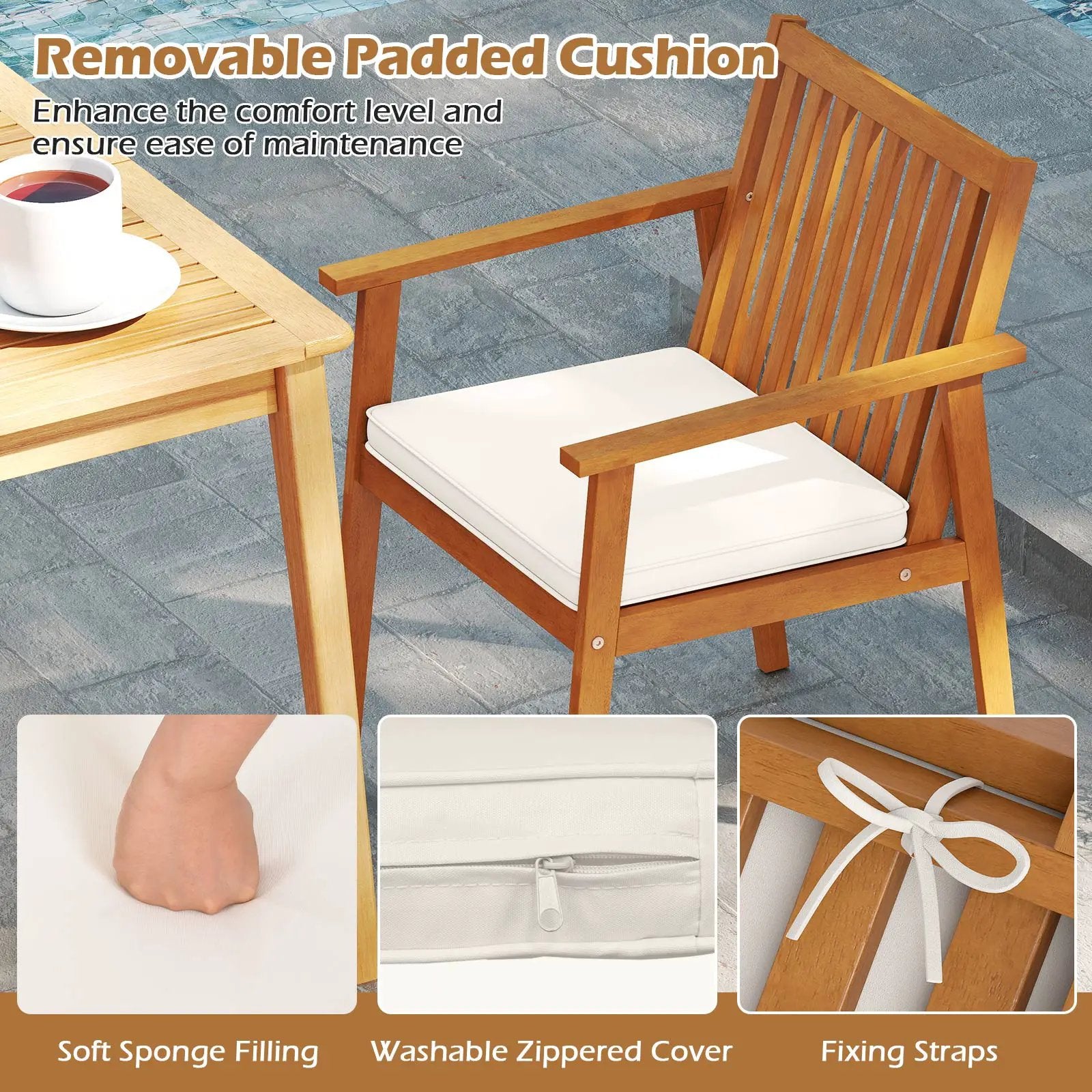 2 Pieces Patio Dining Chairs Outdoor Acacia Wood Chairs with Removable Padded Cushion by DirectDeals