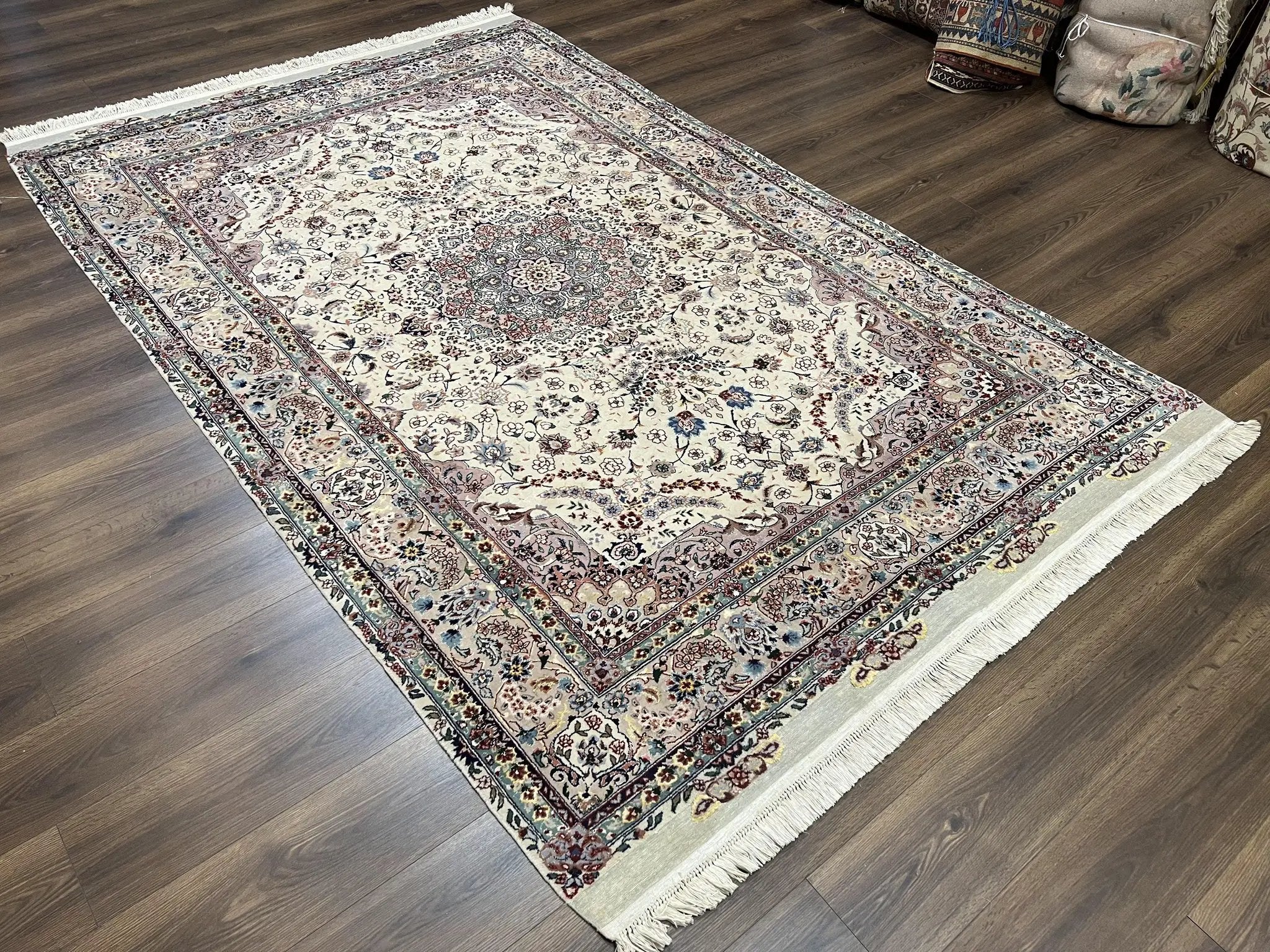 Beautiful Pak Persian Rug 6x9, Floral Medallion, Wool and Silk, Highly Detailed Elegant Carpet, Vintage Oriental Rug 6 x 9, Cream and Gray by Jewel Rugs