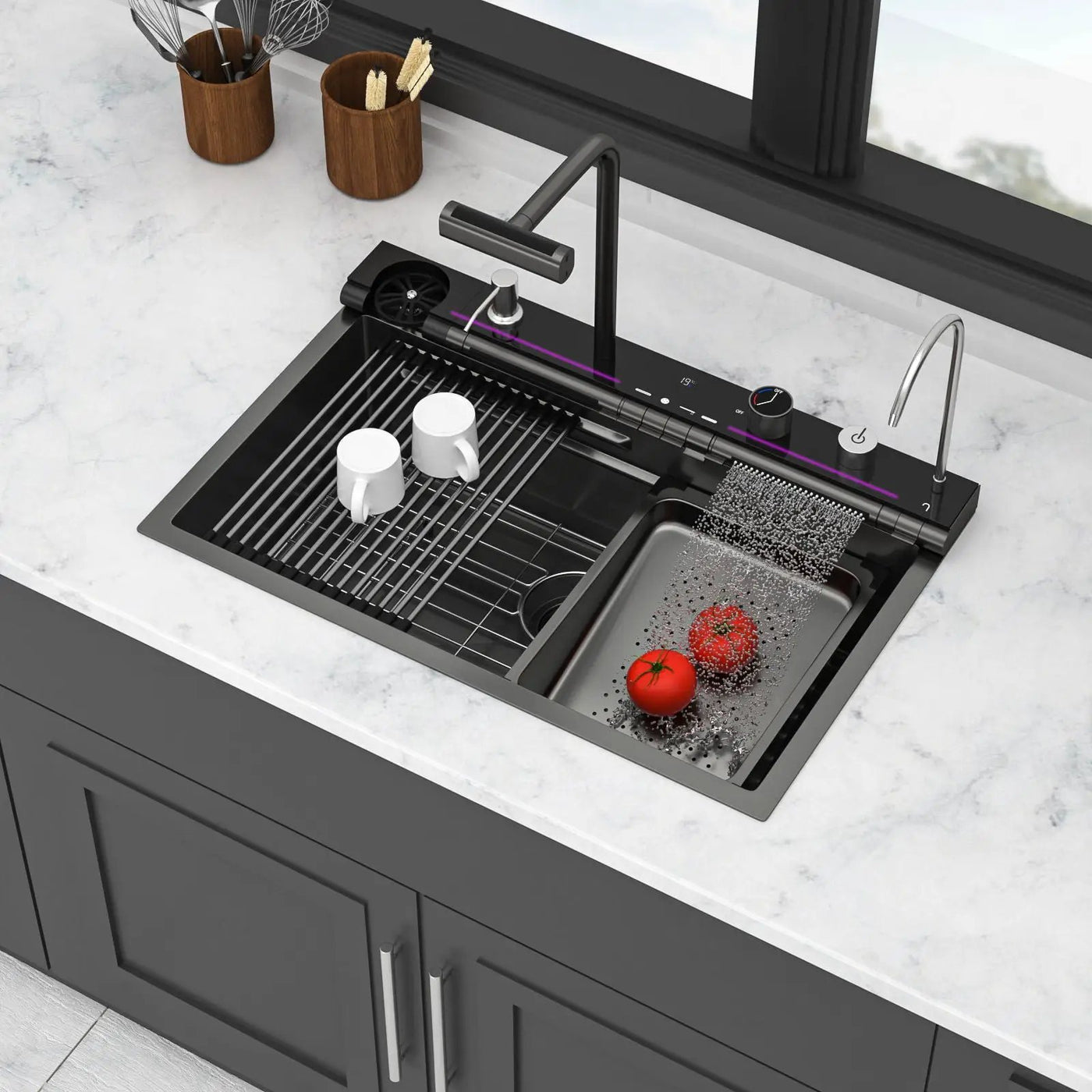 30" Single Bowl Kitchen Sink With Smart LED Faucet by HouseOfZazla
