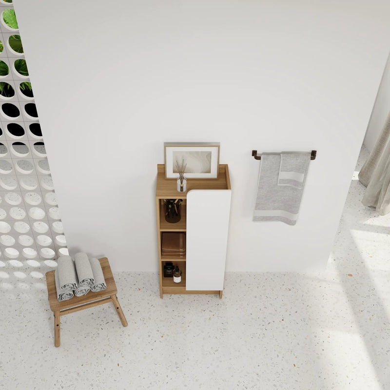 Freestanding Bathroom Side Cabinet, Narrow Storage Cabinet With Single Door & 3 Tier Open Shelves - Black / Light Oak / White by Unique Piece Furniture