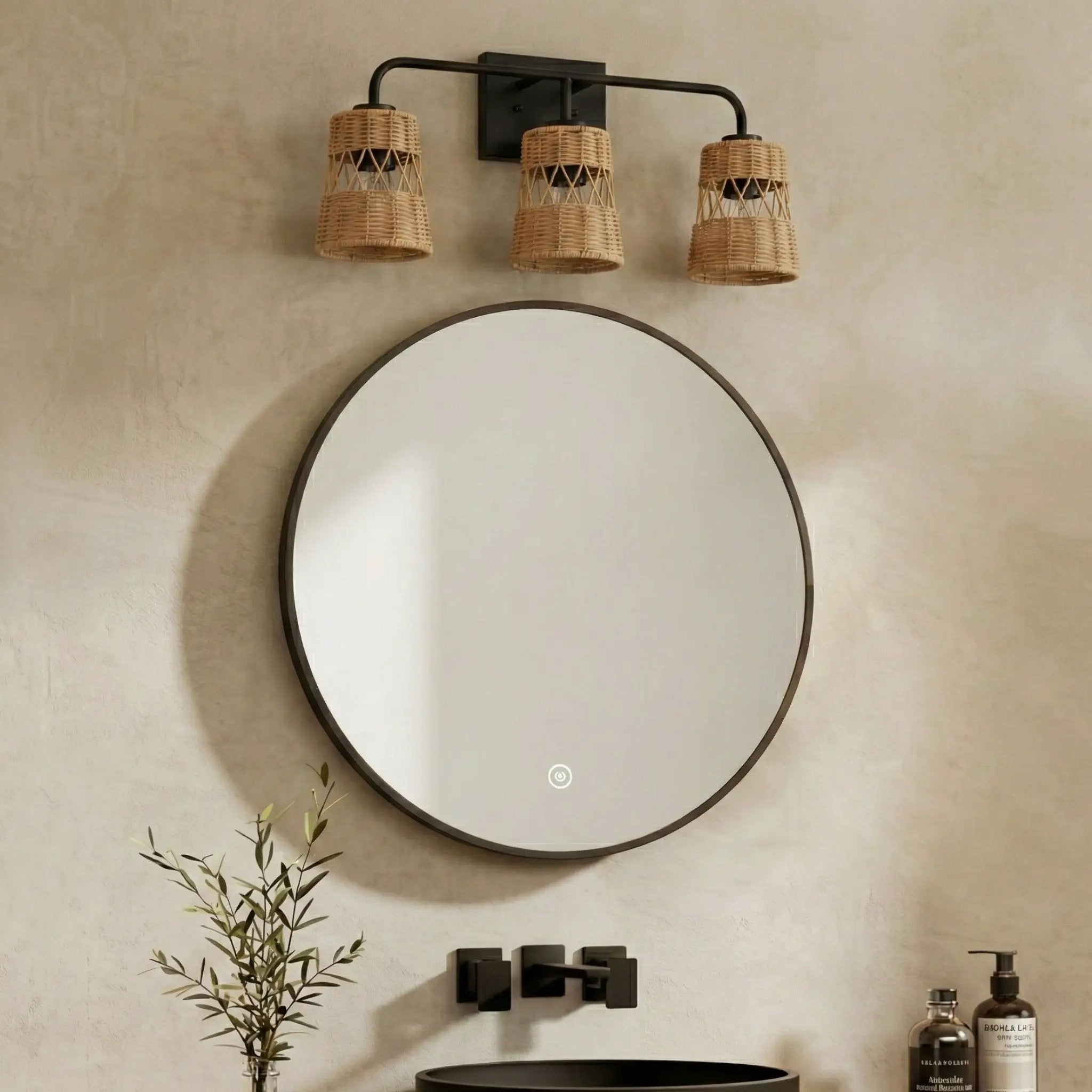 Moonlit - 3 Lights Wall Sconce With Shade, Bathroom Lighting Fixtures Over Mirror - Black / Rattan by Unique Piece Furniture