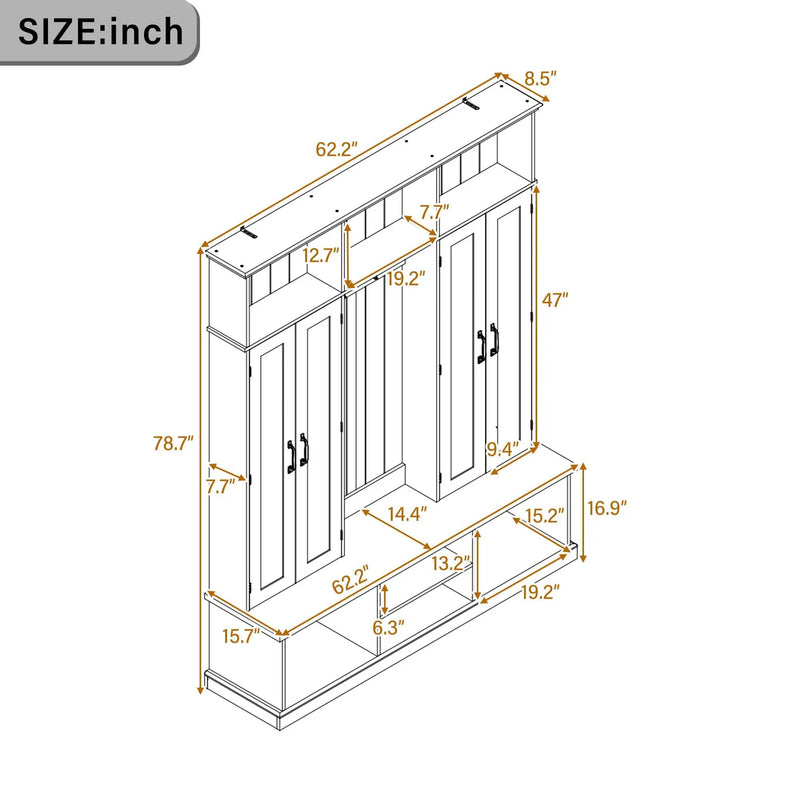 Entryway Hall Tree With Bench, 3 Top Cubbies & Bottom Storage Space