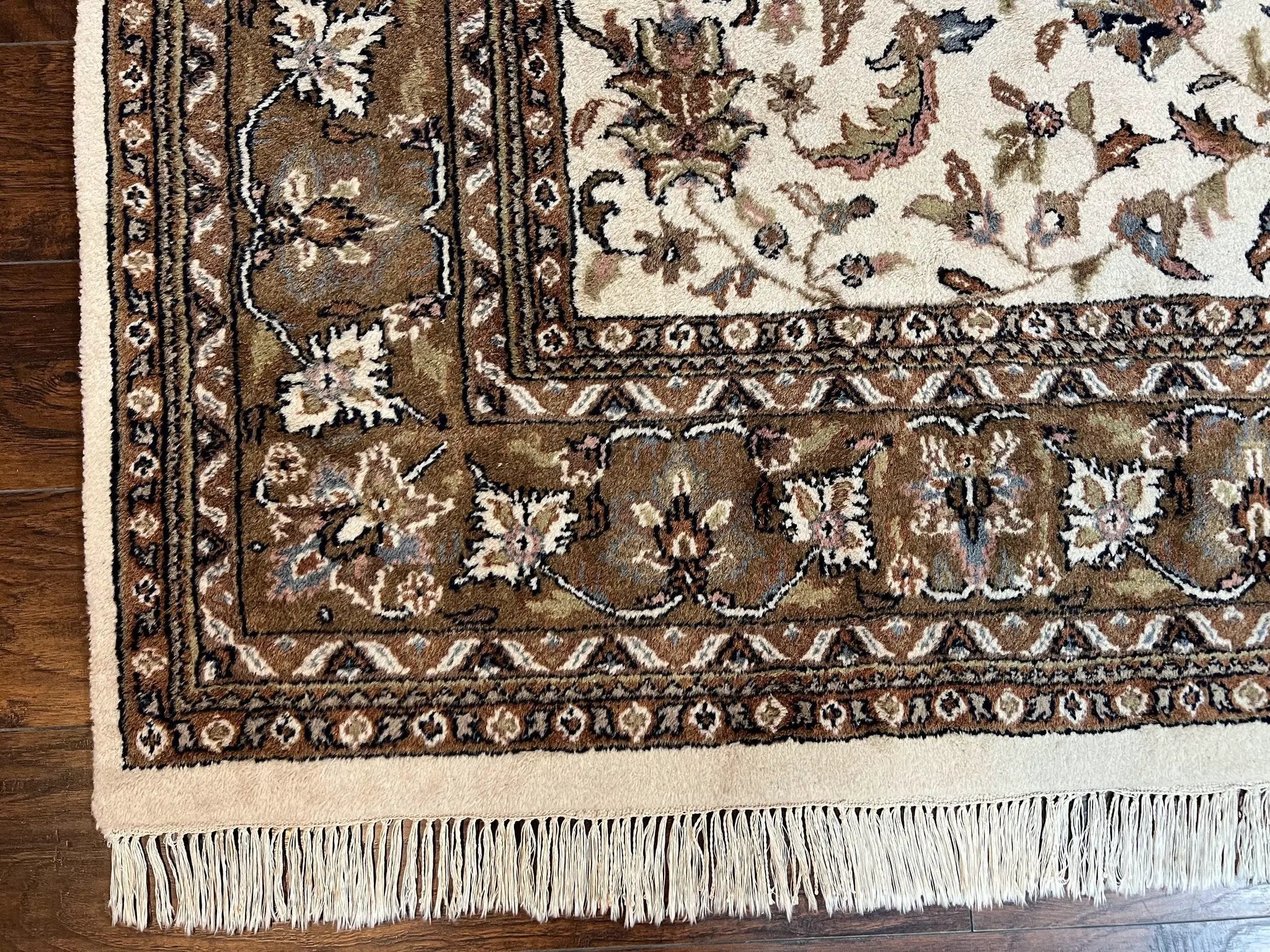 Indo Kirman Rug 8x12 Allover Floral Design, Ivory/Cream Brown, Vintage Handmade Hand Knotted Rug, Traditional Wool Persian Carpet 8 x 12 by Jewel Rugs