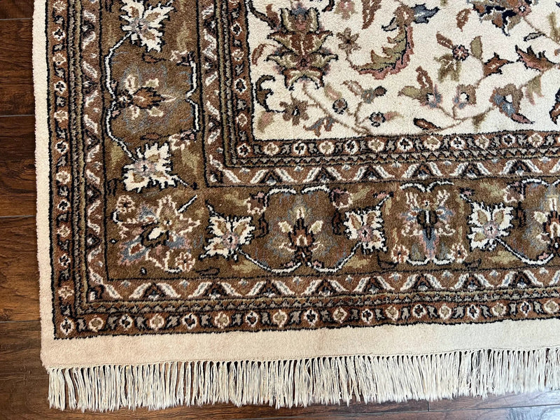 Indo Kirman Rug 8x12 Allover Floral Design, Ivory/Cream Brown, Vintage Handmade Hand Knotted Rug, Traditional Wool Persian Carpet 8 x 12 by Jewel Rugs