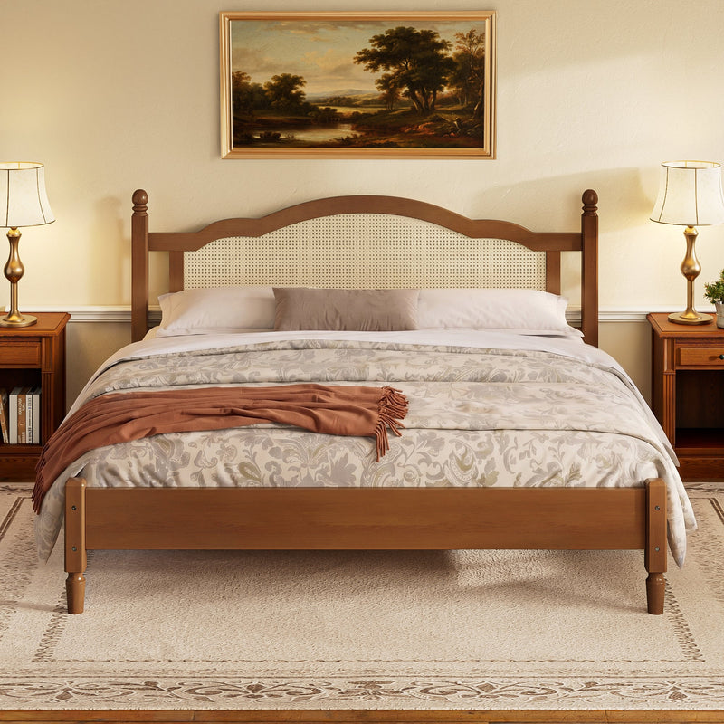 King Size Wooden Platform Bed with Rattan Headboard by HouseOfZazla