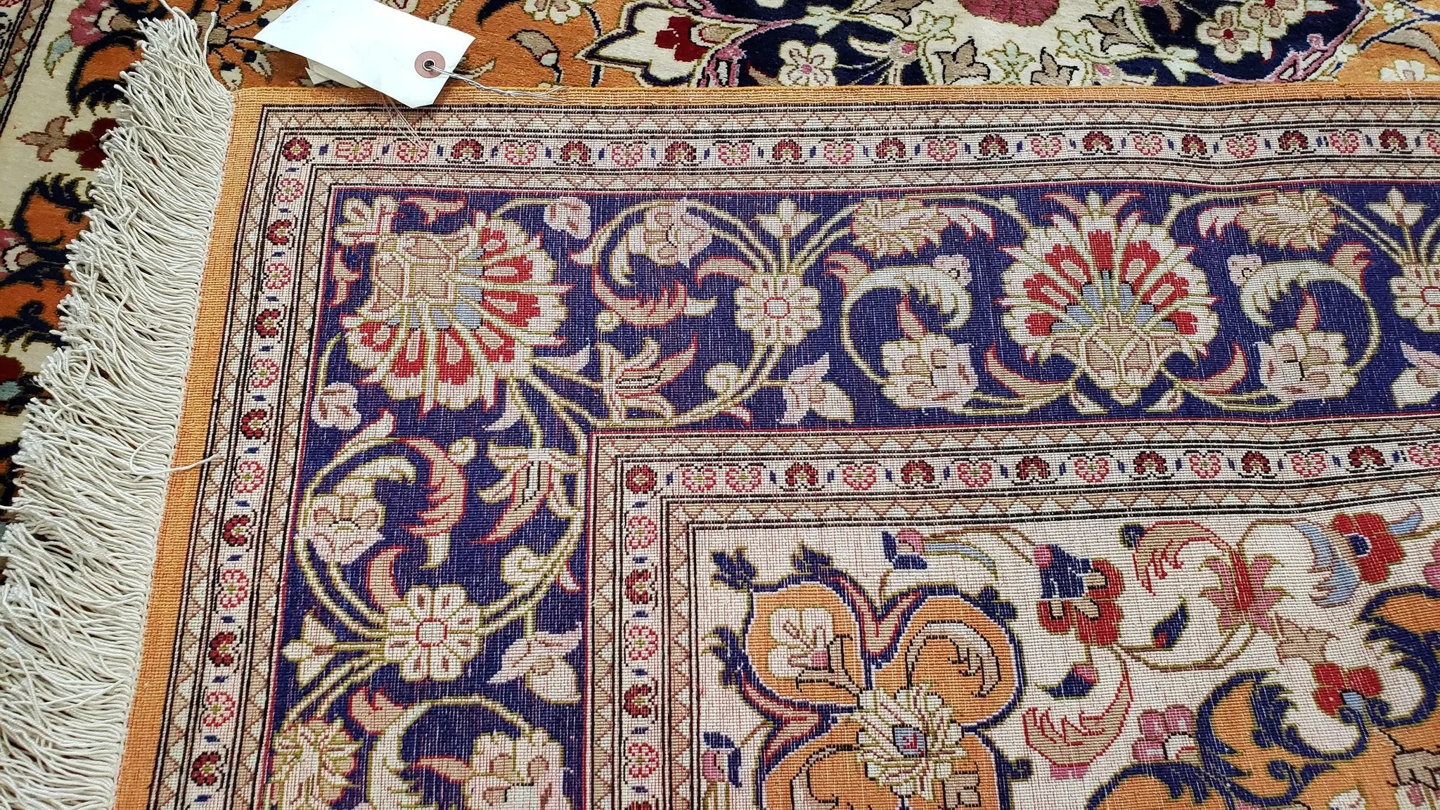 Vintage Persian Qum Silk Rug 4.6 x 6.7, Burnt Orange and Navy Blue, Antique Oriental Very Fine Signature Master Weaver 350+ KPSI Ghom Qom 5x7 Rug by Jewel Rugs