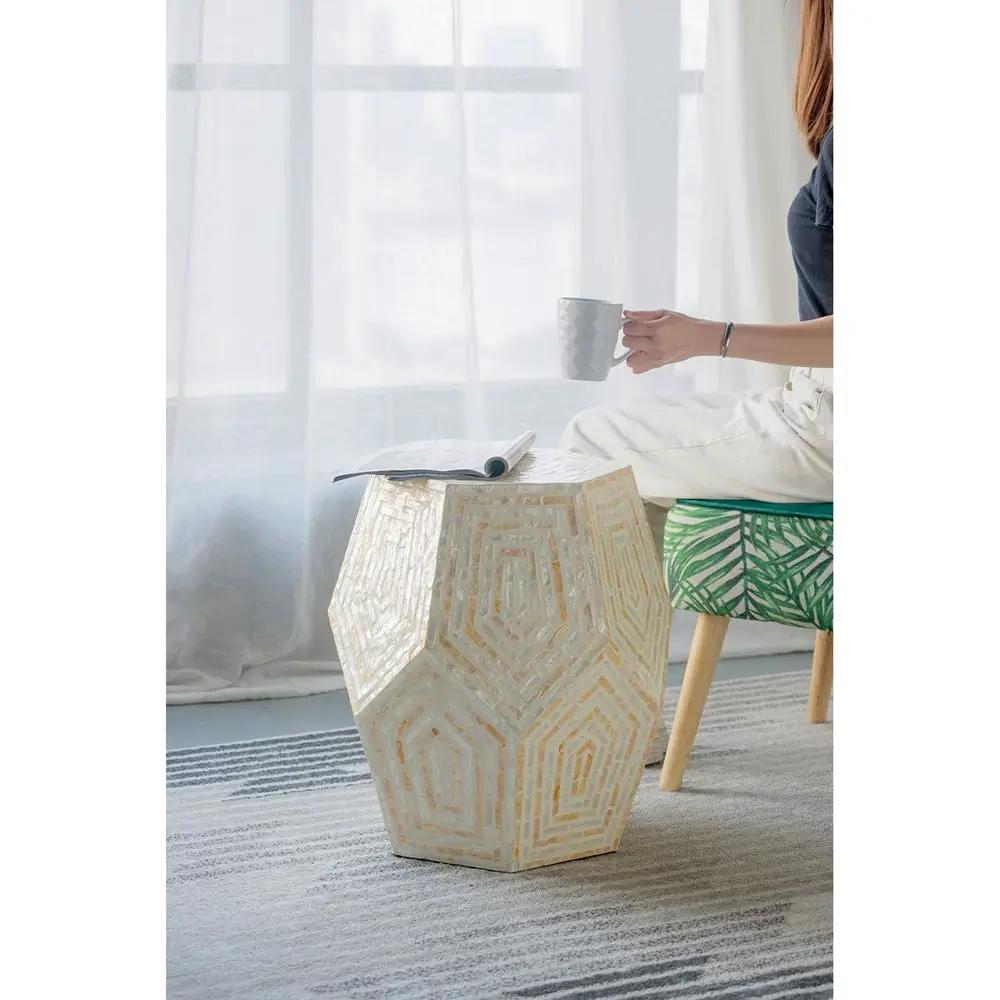 18x18x21 Hexagonal Capes Capiz Stool Cream/Yellow by HouseOfZazla