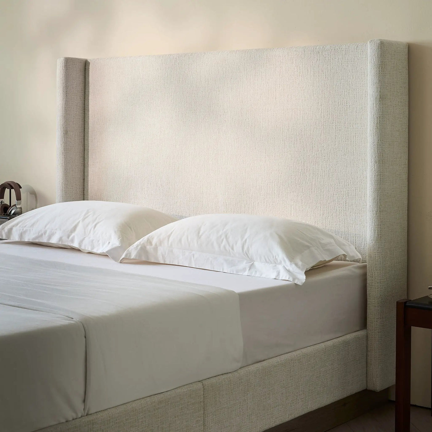 Hosford - Minimalist Upholstered Wingback Bed With Wood Base Platform by HouseOfZazla
