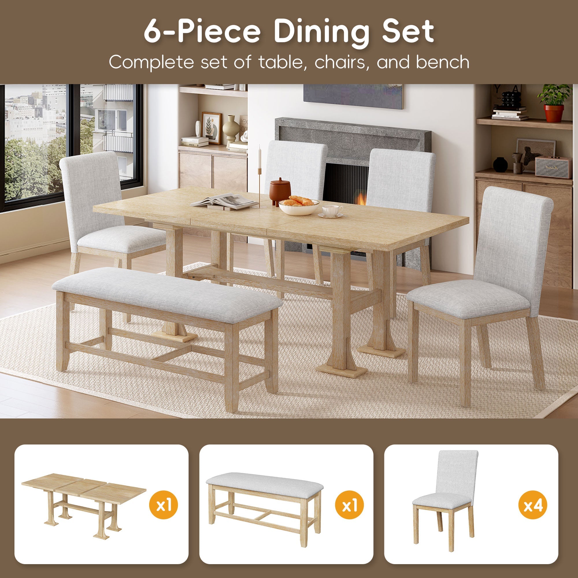 TOPMAX Farmhouse 6-Piece Extendable Dining Table Set by HouseOfZazla