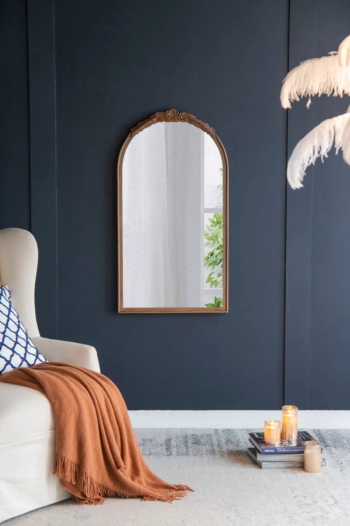 Hand Carved Rose Antique Mirror Frame, Wood Arch Mirror Wall Decor For Living Room by Unique Piece Furniture