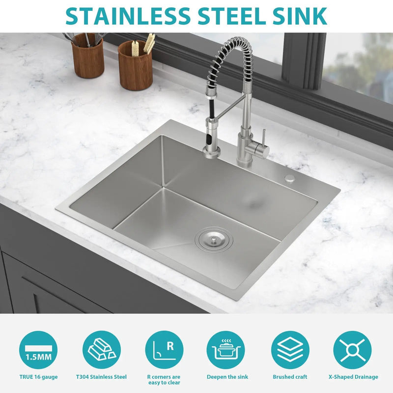 24 x 18 x 9 Inch Kitchen Sink Drop-In 16 Gauge Stainless Steel by HouseOfZazla