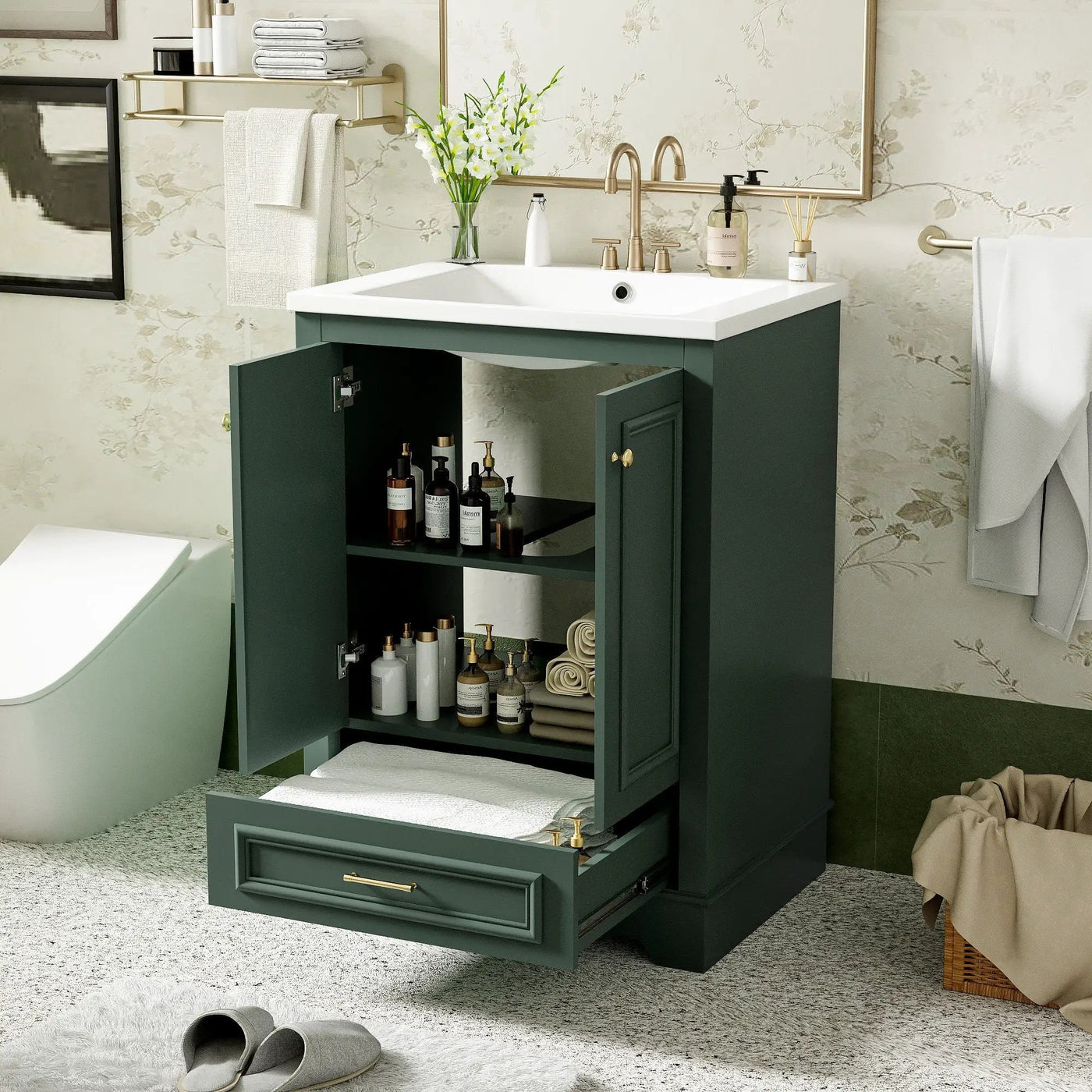 Bathroom Vanity With Ceramic Sink Combo, Modern Freestanding Storage Cabinet With Silver Handles by Unique Piece Furniture