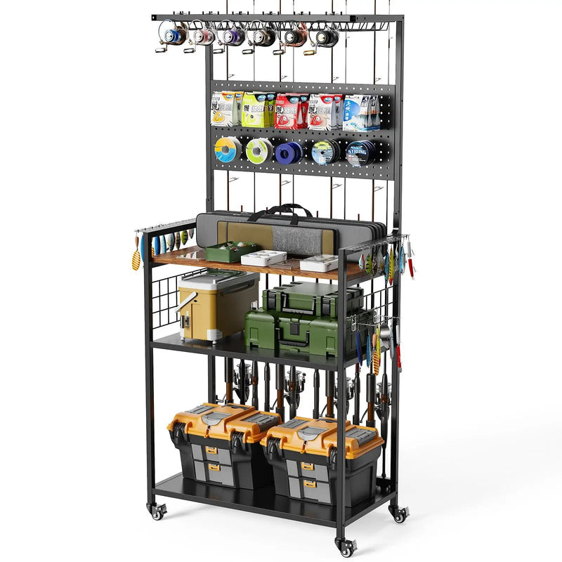 Fishing Rod Storage Rack With Pegboard, Rolling Tackle Organizer Cart - Black by HouseOfZazla