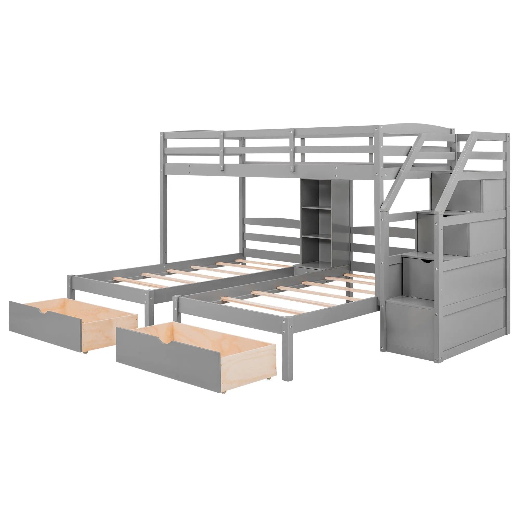 Twin Over Twin & Twin Bunk Bed With Drawers, Staircase Storage, Built In Shelves - Gray by Unique Piece Furniture