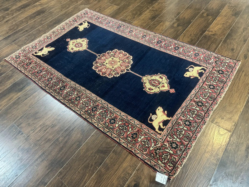 Antique Persian Mashad Rug 4x6, Semi Open Field, Navy Blue, Lion Pictorials, Triple Medallion, Dorokhsh Rug by Jewel Rugs