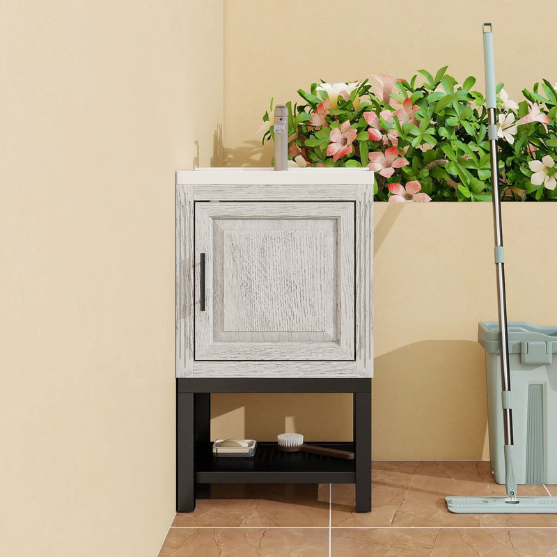 Modern Freestanding Bathroom Vanity With Ceramic Sink, Hot And Cold Faucet, 1 Door Cabinet & Open Shelf by HouseOfZazla