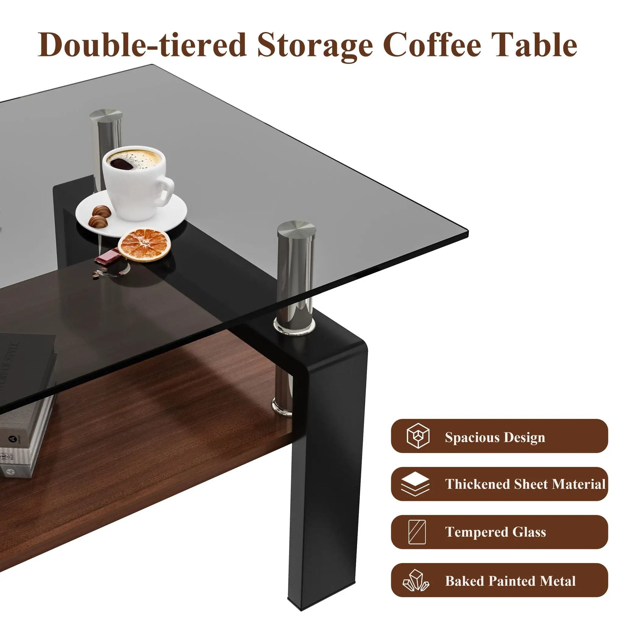 Modern Rectangular Coffee Table With Tempered Transparent Glass Top And Storage Shelf by Unique Piece Furniture