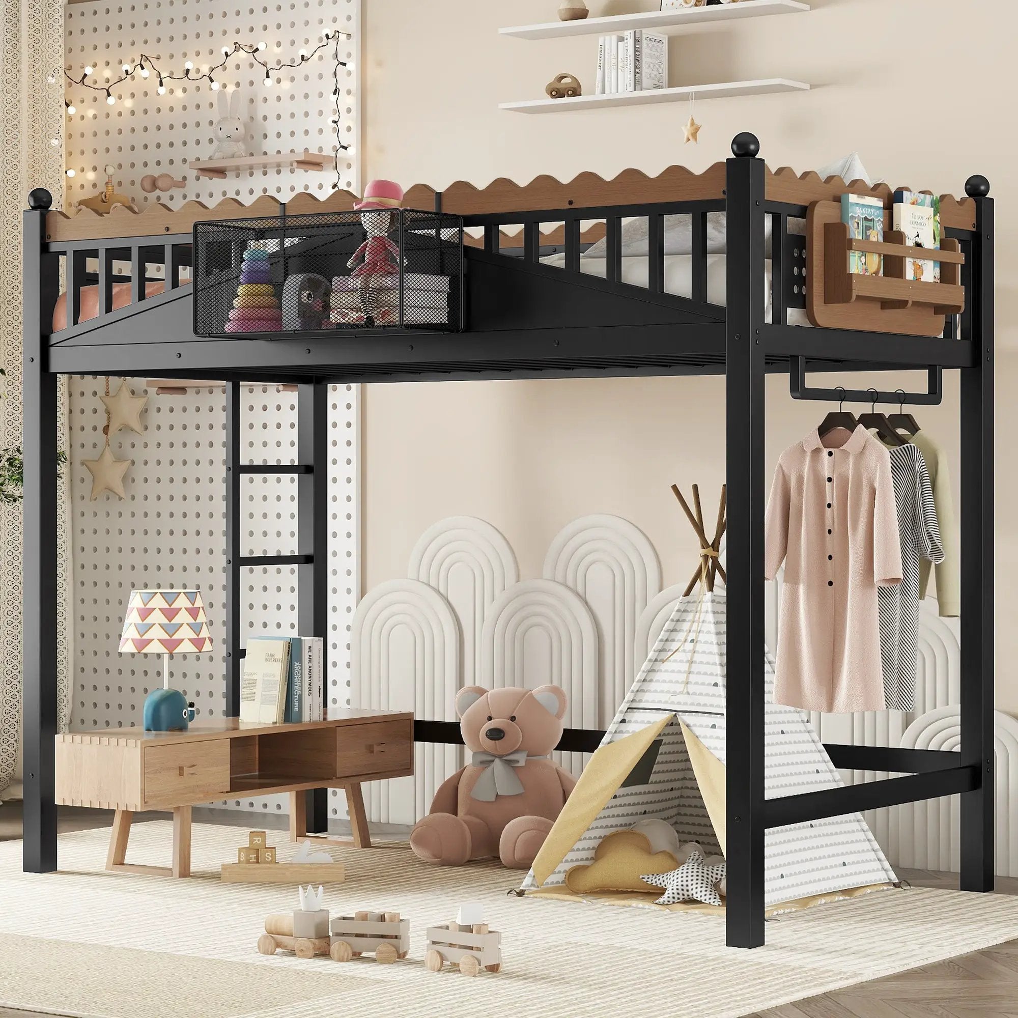 Twin XL Size Loft Bed with Ladders and Storage Shelves by HouseOfZazla
