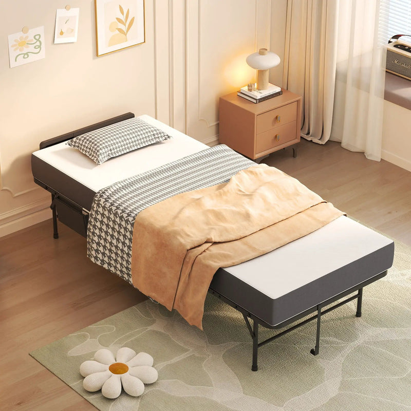 Twin Folding Bed With Adjustable Headboard & Memory Foam Mattress, Portable Coton Wheels For Tall People, Space-Saving Guest Bed - Black by Unique Piece Furniture