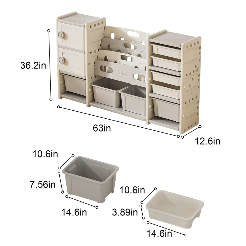 Kids Toy Storage Organizer With 8 Removable Toy Bins, 4 Tier Bookshelf, And 2 Cabinet Storage - Gray / Ivory by HouseOfZazla
