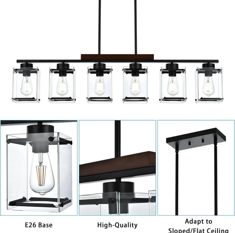 TULUCE 6 Light Farmhouse Chandelier Lighting Vintage Pendant Lighting Clear Glass Shade Flush Mount Lighting Fixture Black Pendant Lamp for Entryways, by Selzalot