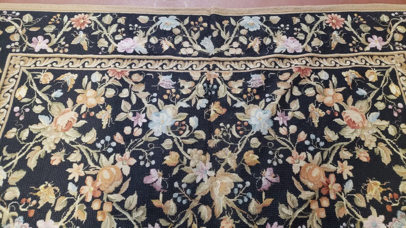 6x9 Vintage Needlepoint Rug, Petitepoint Carpet, Butterflies Floral Design by Jewel Rugs