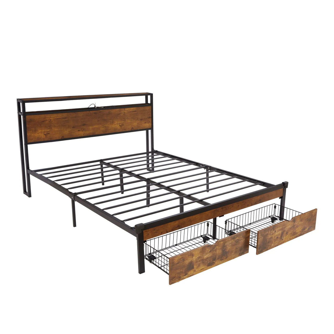 Modern Metal Platform Bed Frame With Wooden Headboard And Footboard, USB Charging Station, LED Lights, 2 Drawers by HouseOfZazla