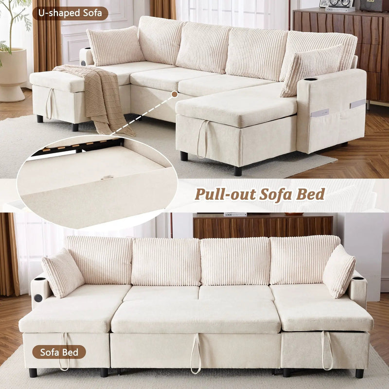 Sectional Sofa Bed With Pull Out Sleeper, USB Ports, Cup Holders by Unique Piece Furniture