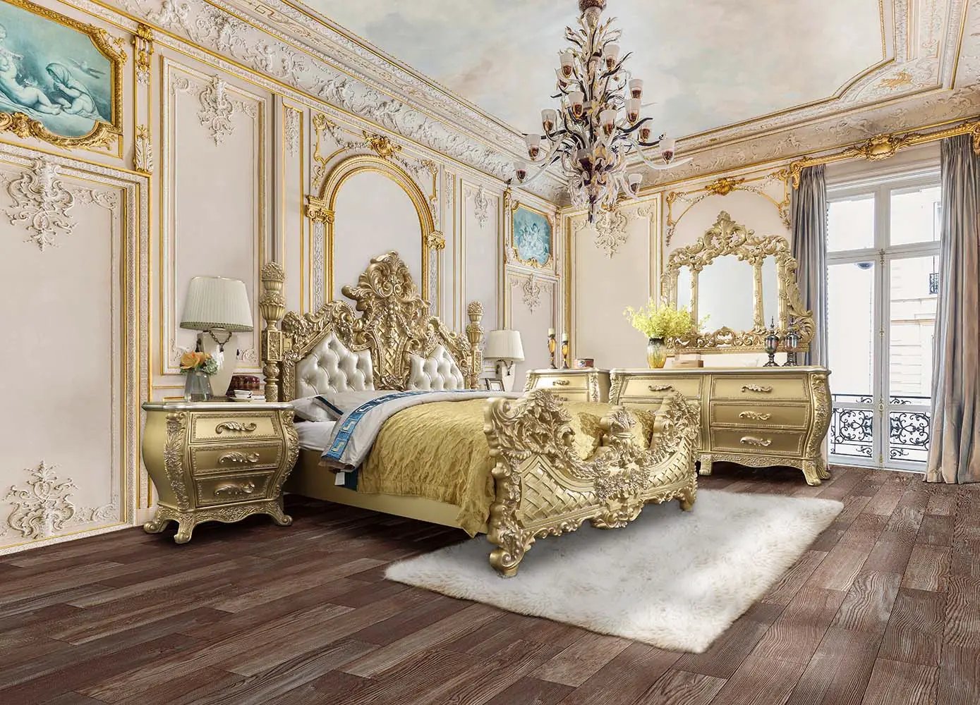 Cabriole - Eastern King Bed - Light Gold Synthetic Leather & Gold by Unique Piece Furniture