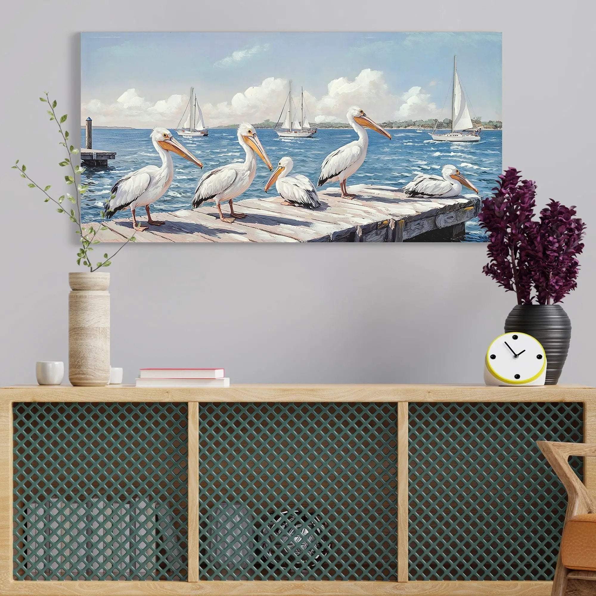 Beach Wall Art Large Ocean Seagull Canvas Pictures For Living Room - Ivory / Navy by HouseOfZazla