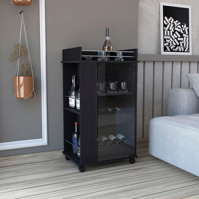 Bar Cart With Glass Door, 2 Side Shelves And Casters - Black by Unique Piece Furniture