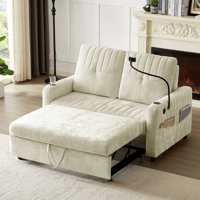 Modern Loveseat Pull Out Sofa Bed With Adjustable Backrest, Two Cup Holders, A Phone Holder, Three Charging Ports And Side Storage Pockets For Living Room by HouseOfZazla