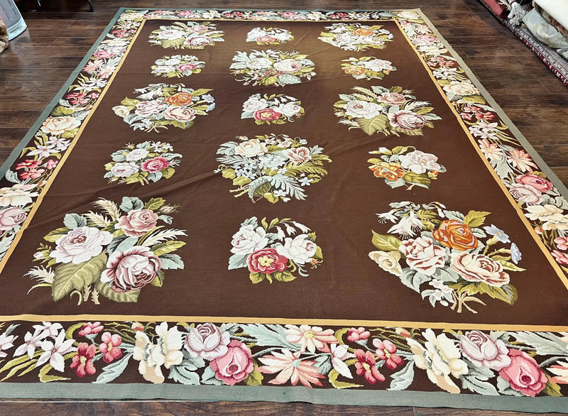 Vintage Needlepoint Rug 9x12, Large Handmade Hand-woven Needlepoint Carpet, Brown Area Rug, Floral Bouquets, Wool Rug, European Design by Jewel Rugs