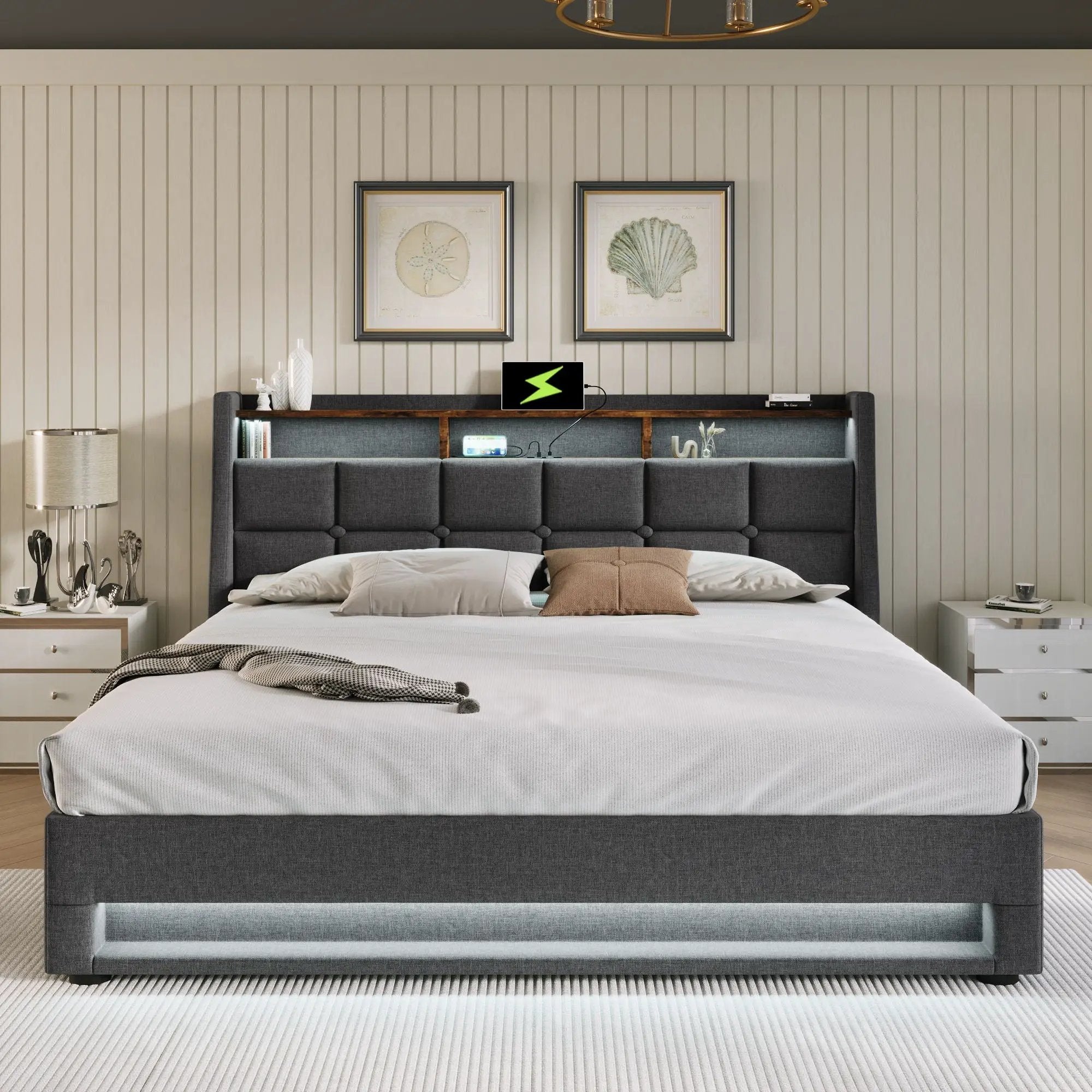 Platform Bed With Hydraulic Storage, LED Lighting & Charging Station by HouseOfZazla